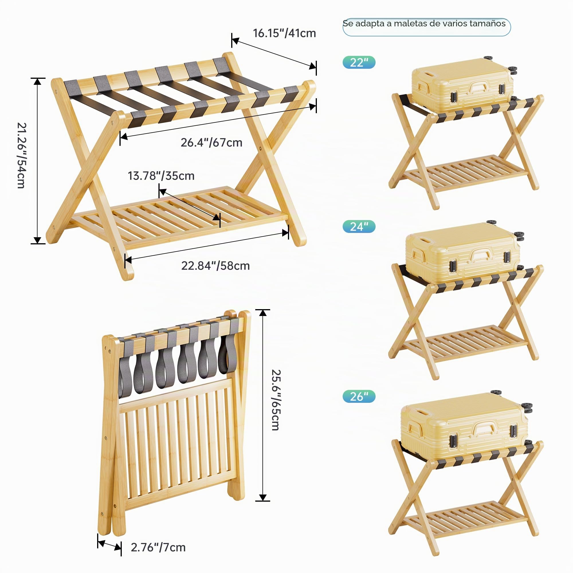 SMIBUY portaequipajes, plegable para maleta de bambú con estante de almacenamiento para habitación, dormitorio, hotel, servicio pesado (natural y negro)