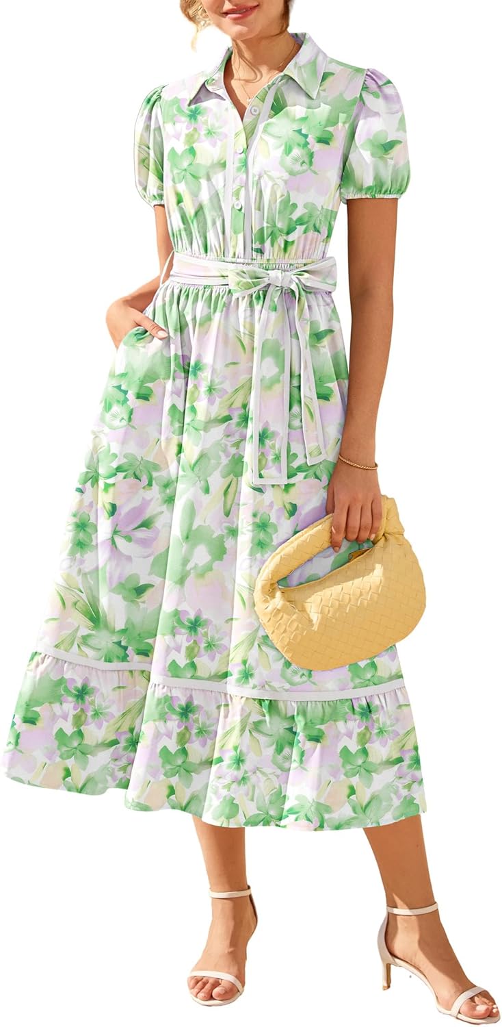 GRACE KARIN Women Summer Floral Maxi Dresses 2026 Wedding Guest Puff Sleeve Shirt Sundresses Boho Spring Clothes with Pockets