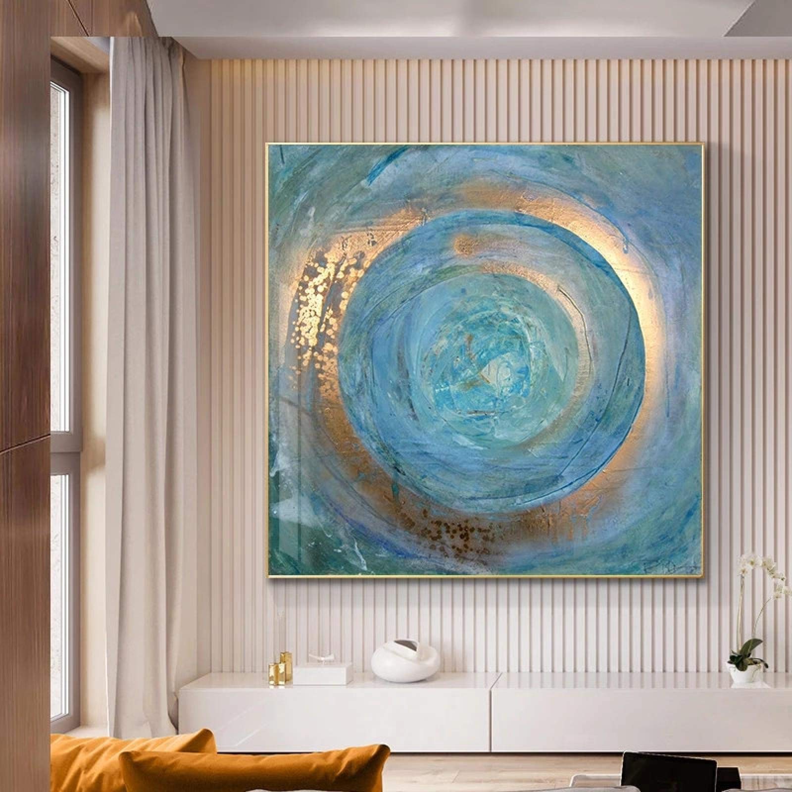 Obraz na płótnie abstrakcyjny niebieski złoty obraz skandynawskie plakaty i druki, sztuka ścienna, obrazy do salonu, dekoracja 80 x 80 cm, z ramą