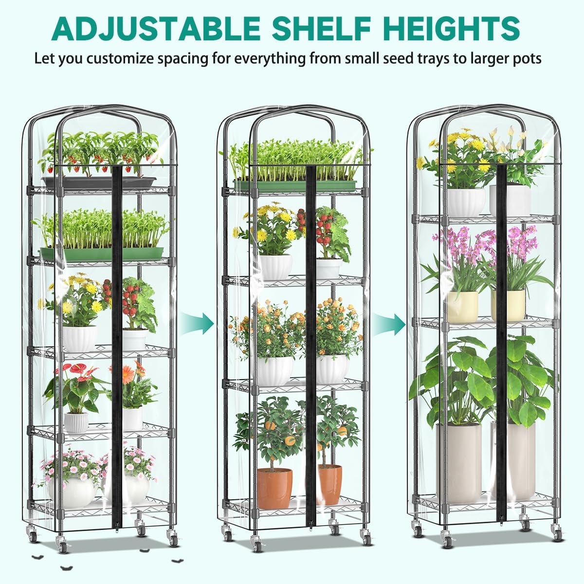 5-Tier Mini Greenhouse with Shelves – Compact Rolling Plant Stand Indoor with Lockable Wheels, PVC Cover & Adjustable Metal Frame – Tiered Plant Shelf for Indoor Gardening, 16"x11"x57"