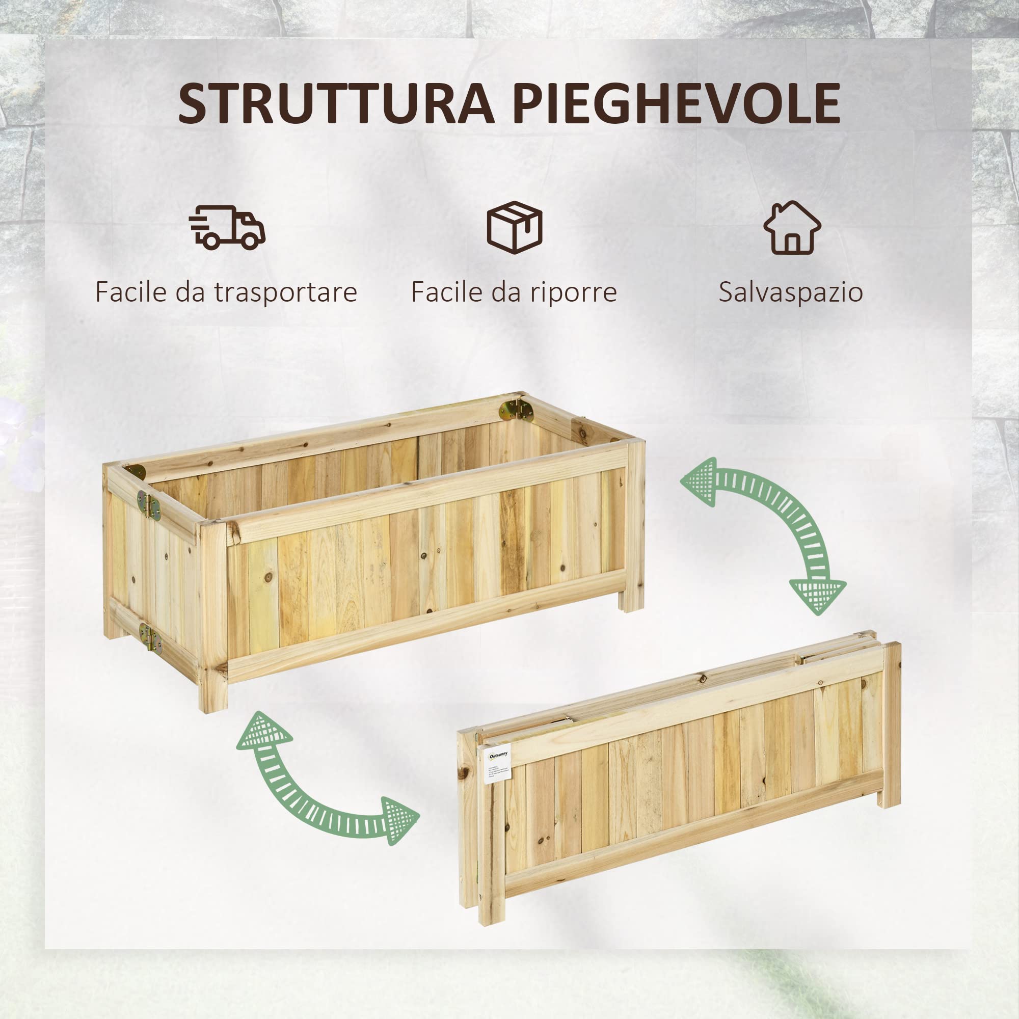 Outsunny Fioriera in Legno Pieghevole da Esterno, Orto Rialzato da Balcone, Orto in Cassetta Richiudibile con Base Drenante, 70x30x25cm