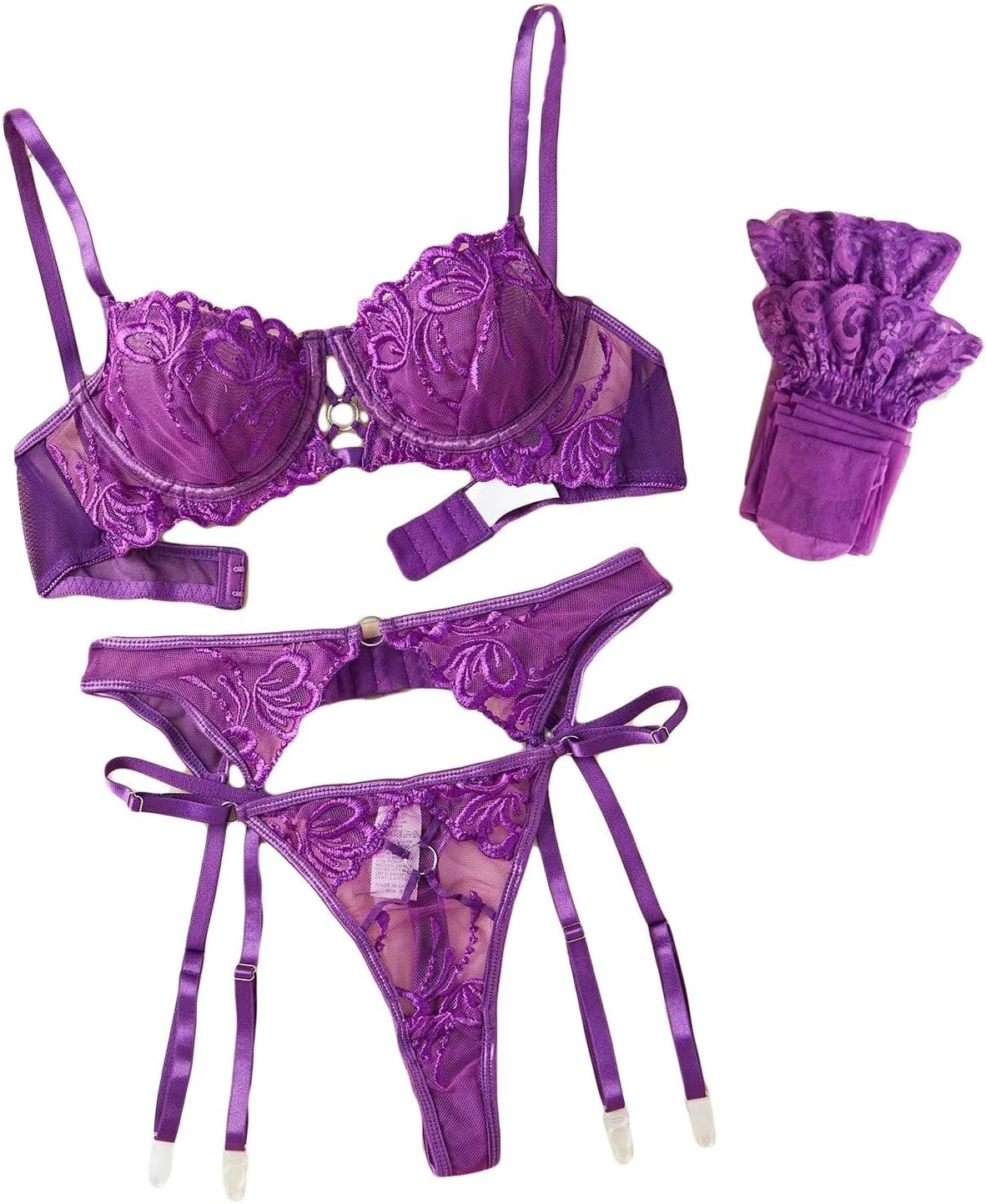 Women's Lace Floral Lingeries Set Sheer Mesh Embroidered Exotic Lingerie Set