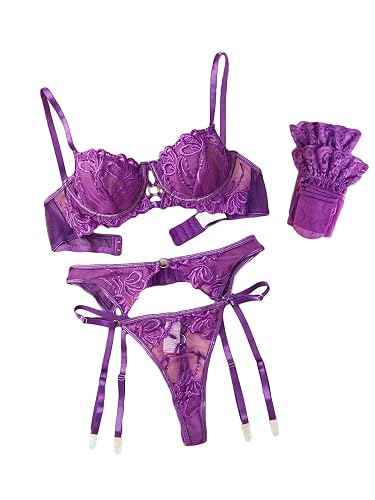 Falainetee Women's Lace Floral Lingeries Set Sheer Mesh Embroidered Exotic Lingerie Set - Medium - Purple