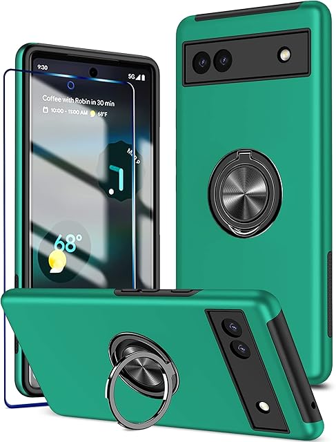 KRAFTCARE for Google Pixel 6a Case with Kickstand Ring and Screen Protector, Shockproof and Anti Scratch 360° Magnetic Ring Holder Stand Phone Cover for Google Pixel 6a - Dark Green