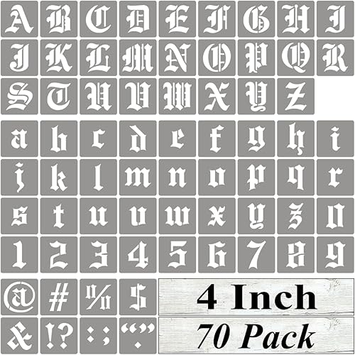 Plantillas de letras del alfabeto de 4 pulgadas para pintar, paquete de 70 plantillas de letras en inglés antiguo con números y letreros para pintar