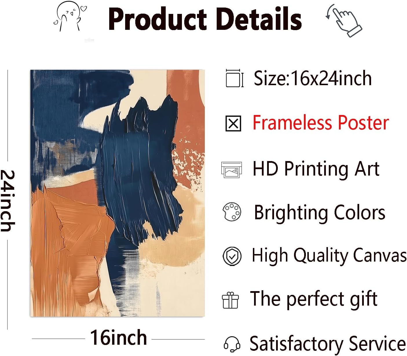 Orange Blue Canvas Wall Art Minimalist Boho Modern Paintings Navy Blue Gold Beige Abstract Pictures Mid Century Abstract Wall Art Terracotta Blue Orange Painting Modern Abstract Print 16x24in No Frame - Image 3