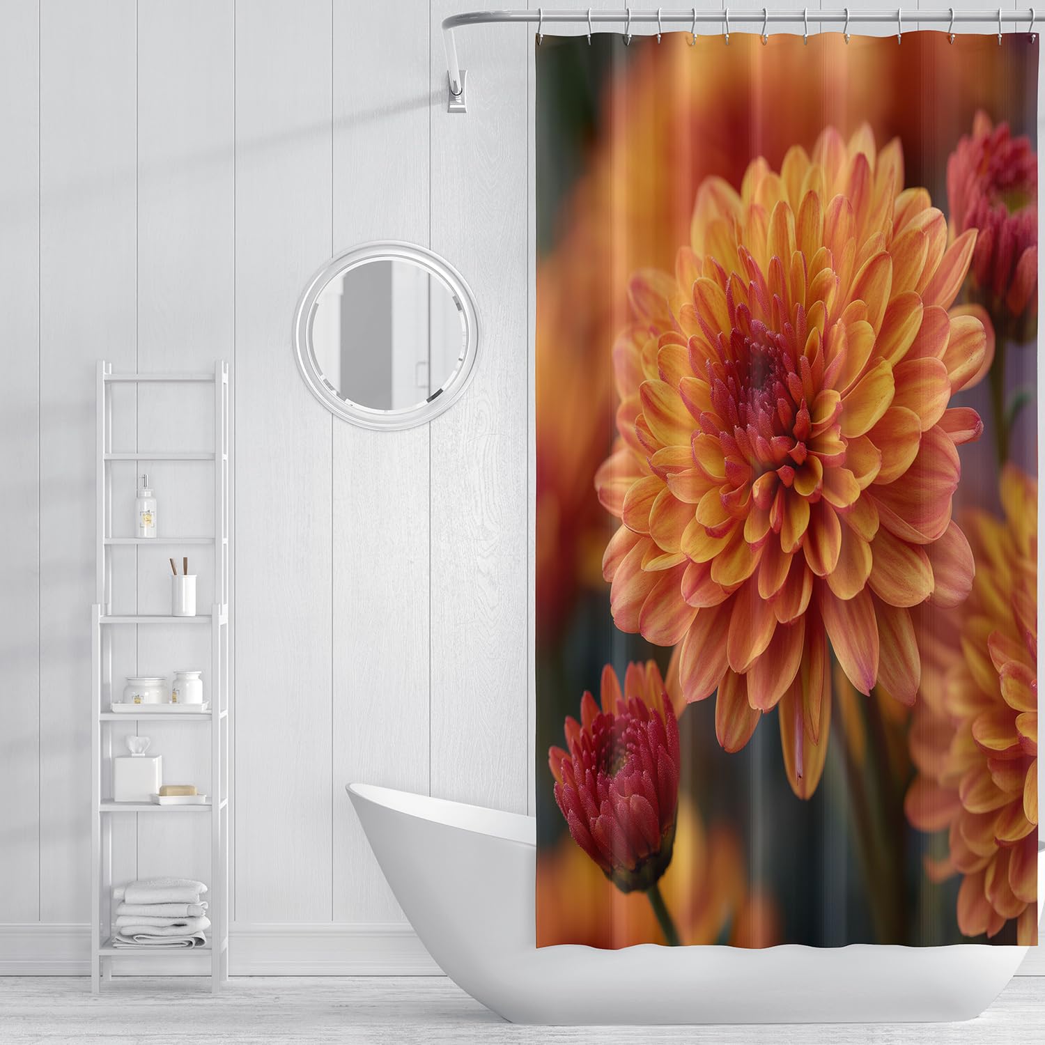 Cortina de Ducha con Estampado de Flores Anaranjadas,Estilo Bohemio,Estilo Granja,con Ganchos de Plástico,Fácil de Instalar y Lavable a Máquina,Para Decoración de Bañeras,240Anx200Alcm (1 Panel)
