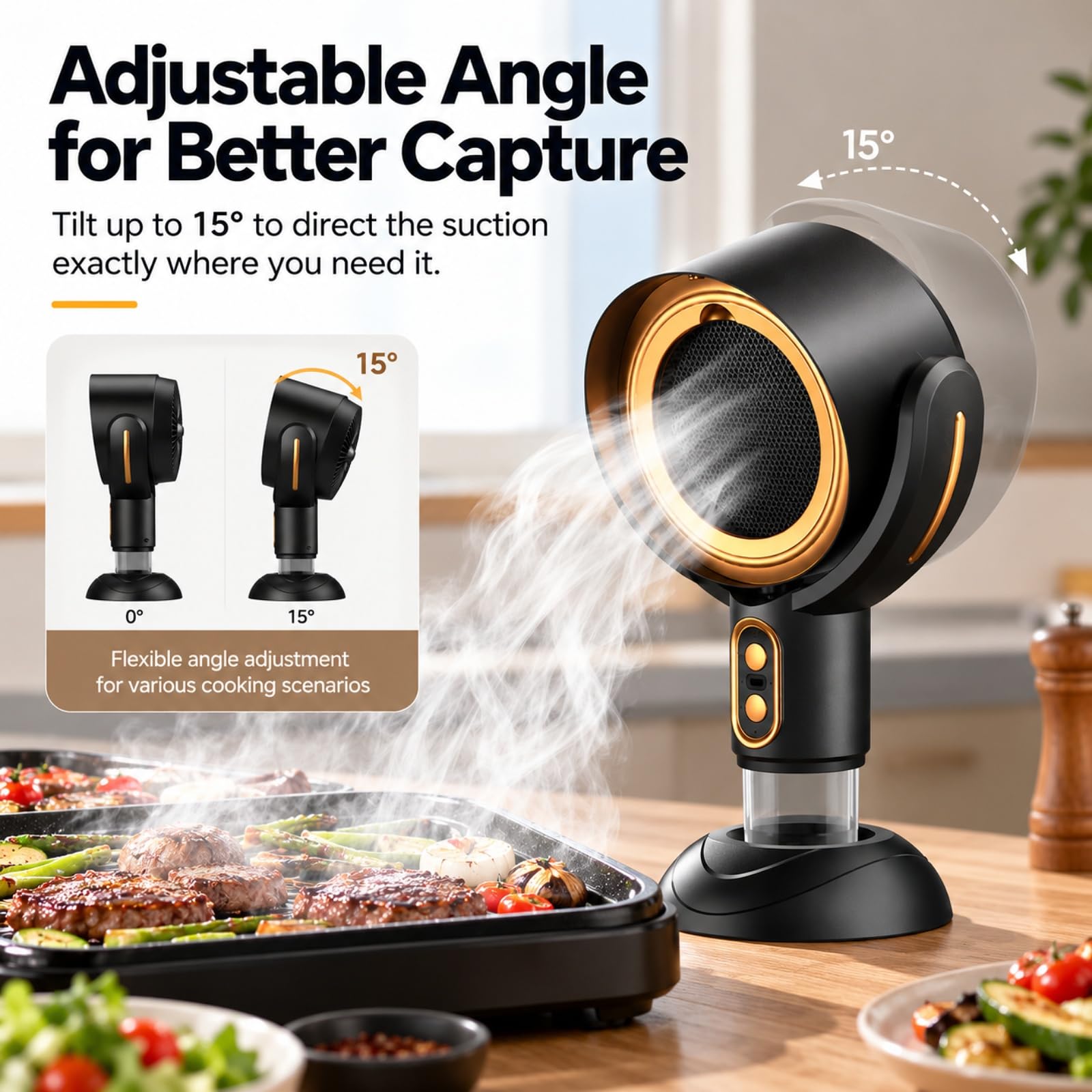 Hotte Aspirante Portable Sans Fil 3000 mAh avec Ions Négatifs, 2 Vitesses, Filtre Lavable, Recyclage d'Air, pour Cuisine, Camping-Car, Camping, BBQ, Fondue