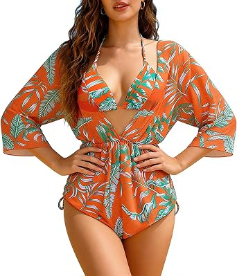 3 Piece Bathing Suit and Cover Up Women Plus Size Bikini Tropical Beachwear