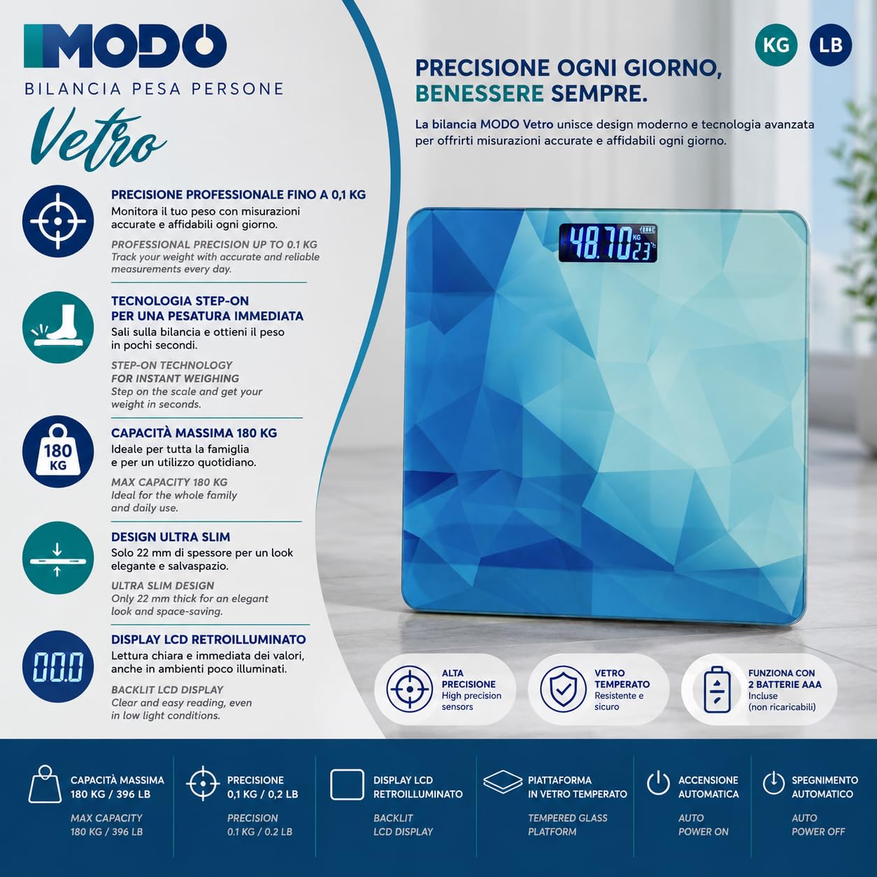 IPEA Bilancia Pesapersone Digitale Ultra Sottile - Tecnologia STEP ON - Massima Precisione Peso - Design Elegante - Bilancia in Vetro Temperato con Display misurazione precisa 0,1 KG - Max 180Kg