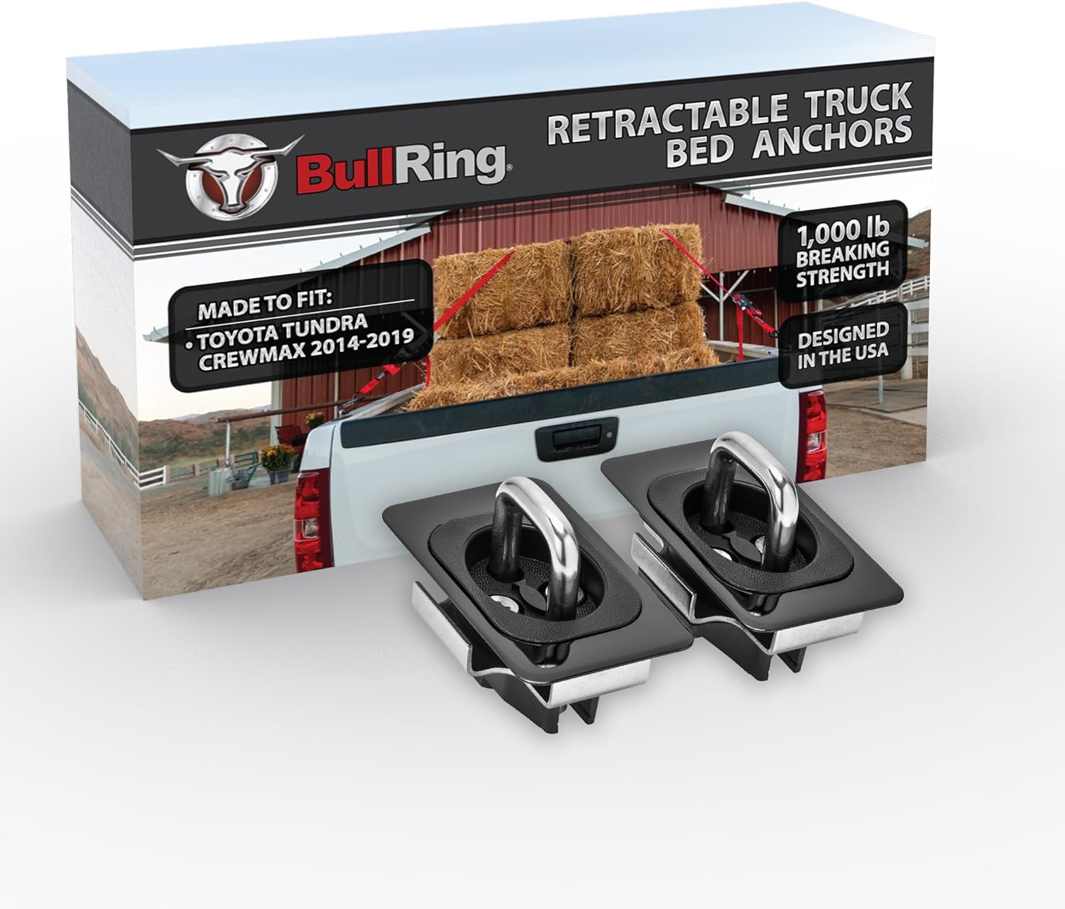 Bull Ring Gunmetal Flush Fit Retractable Truck Bed Tie Down Anchors for '14-19 Toyota Tundra CrewMax (1 Pair)