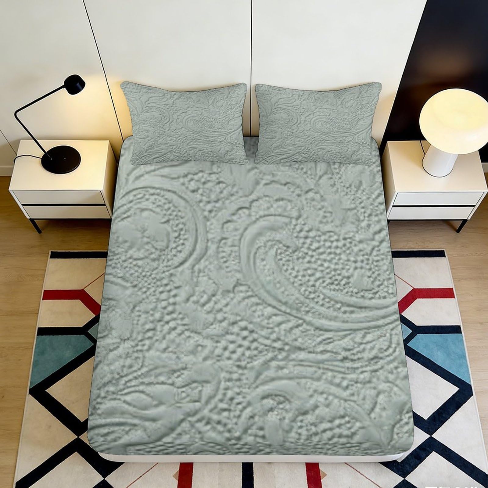 Pnayamiorkfel Style-1 3D Printed Embossed Paisley Fitted Sheet Microfiber Soft Grey Textured Swirl Bed Sheet For Bedroom Guestroom Decor 90X200x25cm