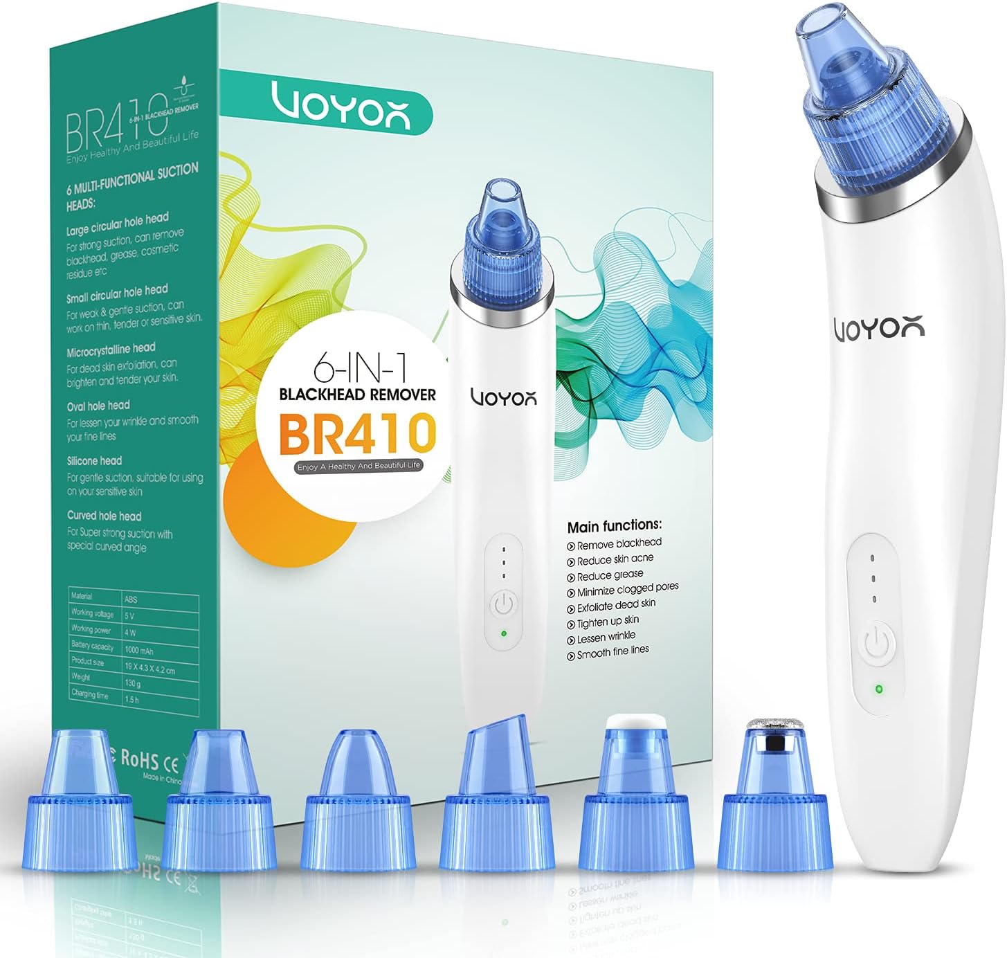 VOYOR Blackhead Remover Vacuum 6 Suction Heads Rechargeable Black Head Remover Tool for Face Pore Vacuum Cleaner Acne Comedone Pimple Whitehead Extractor BR410