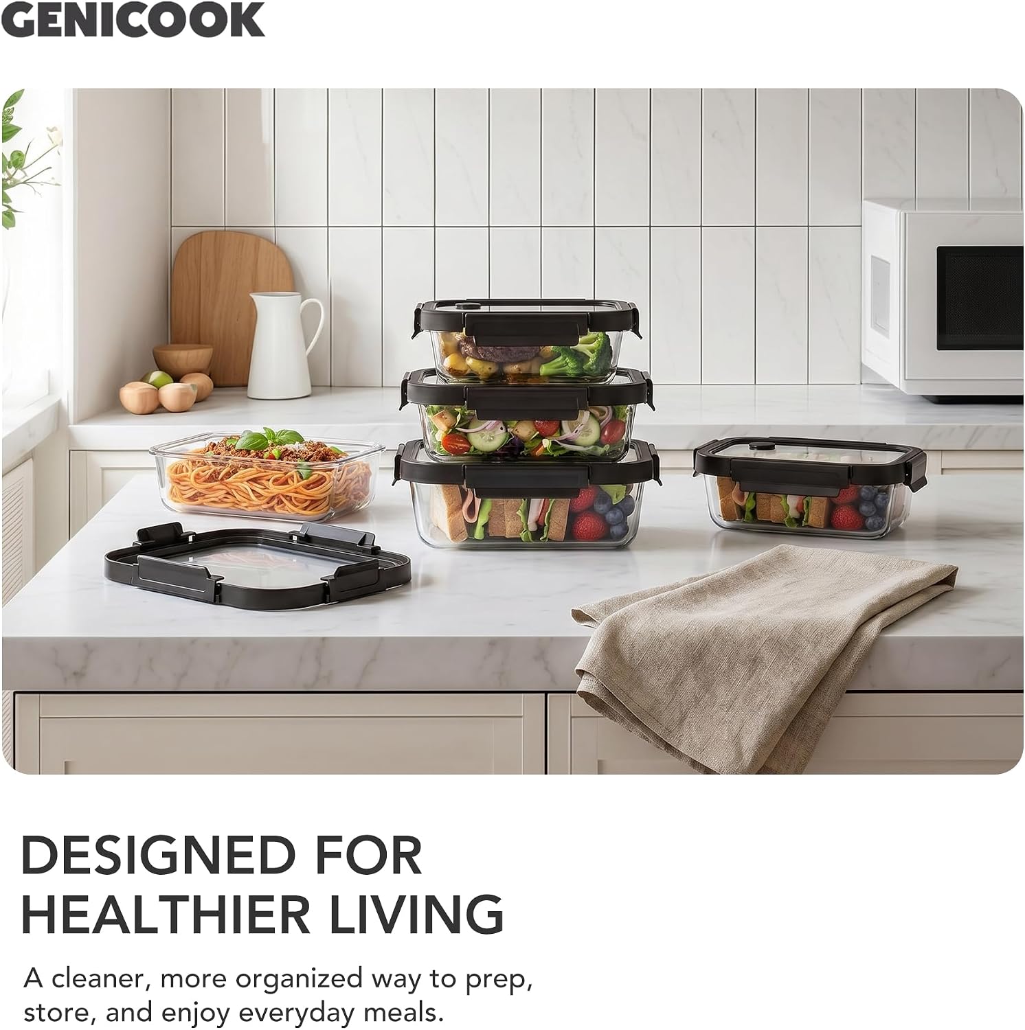 GENICOOK Glass Meal Prep Containers with Glass Lids, 4 Pack Airtight Glass Food Storage Containers, Borosilicate Glass Lunch Containers for Healthy Meal Prep, Microwave Oven Dishwasher Safe, BPA Free