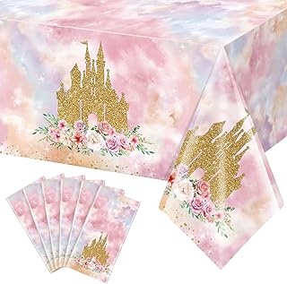 6 Pack Princess Tablecloths Birthday Decorations,Plastic Pink Rose Castle Table Cloth for Parties,Disposable Rectangle Floral Table Cover for Baby Shower Girls Birthday Party Supplies,54x108 Inch
