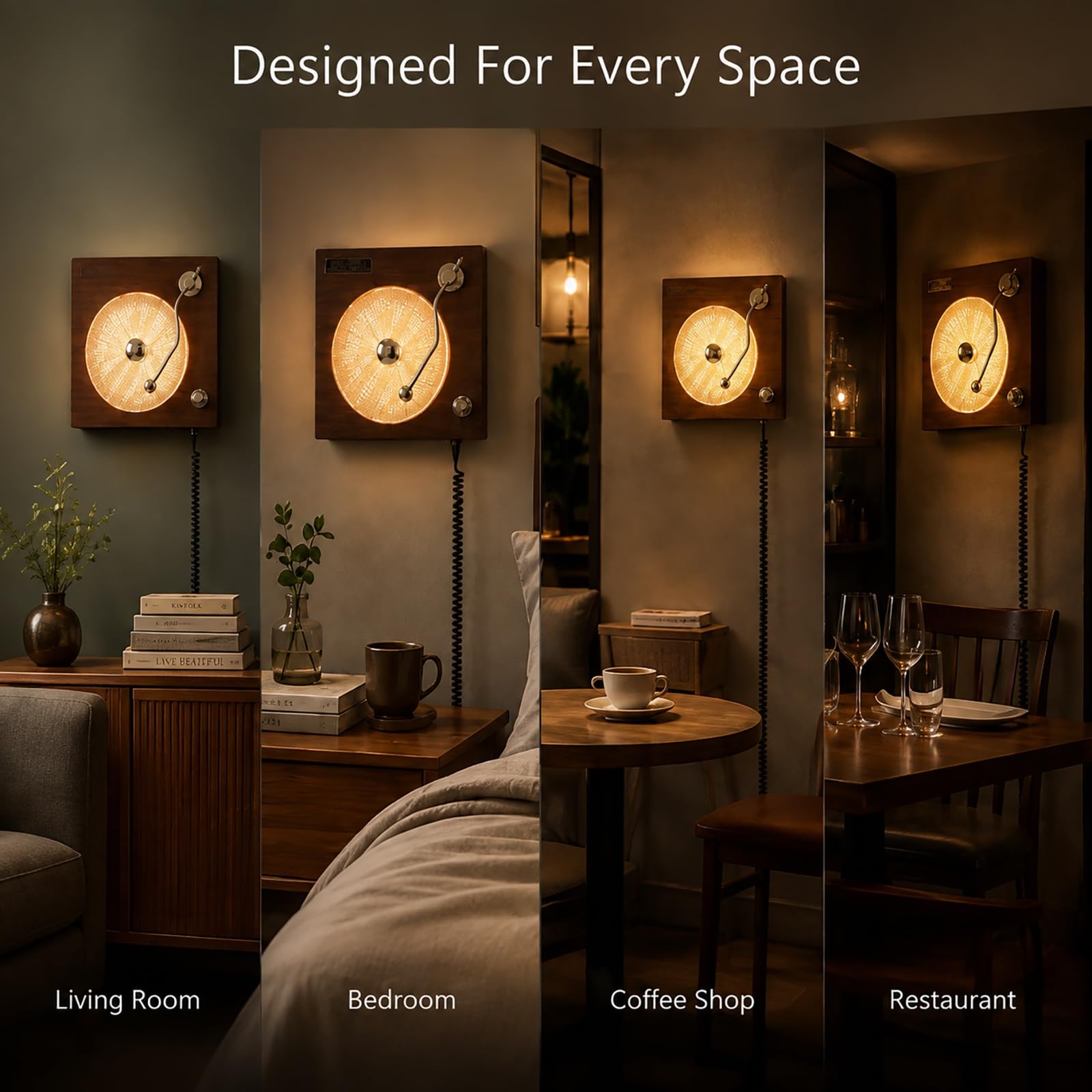Lampa ścienna w stylu vintage, model inspirowany gramofonem | Funkcją ściemniania, Design retro nawiązujący do płyt winylowych, płynna regulacja jasności, klosz ze szkła o fakturze