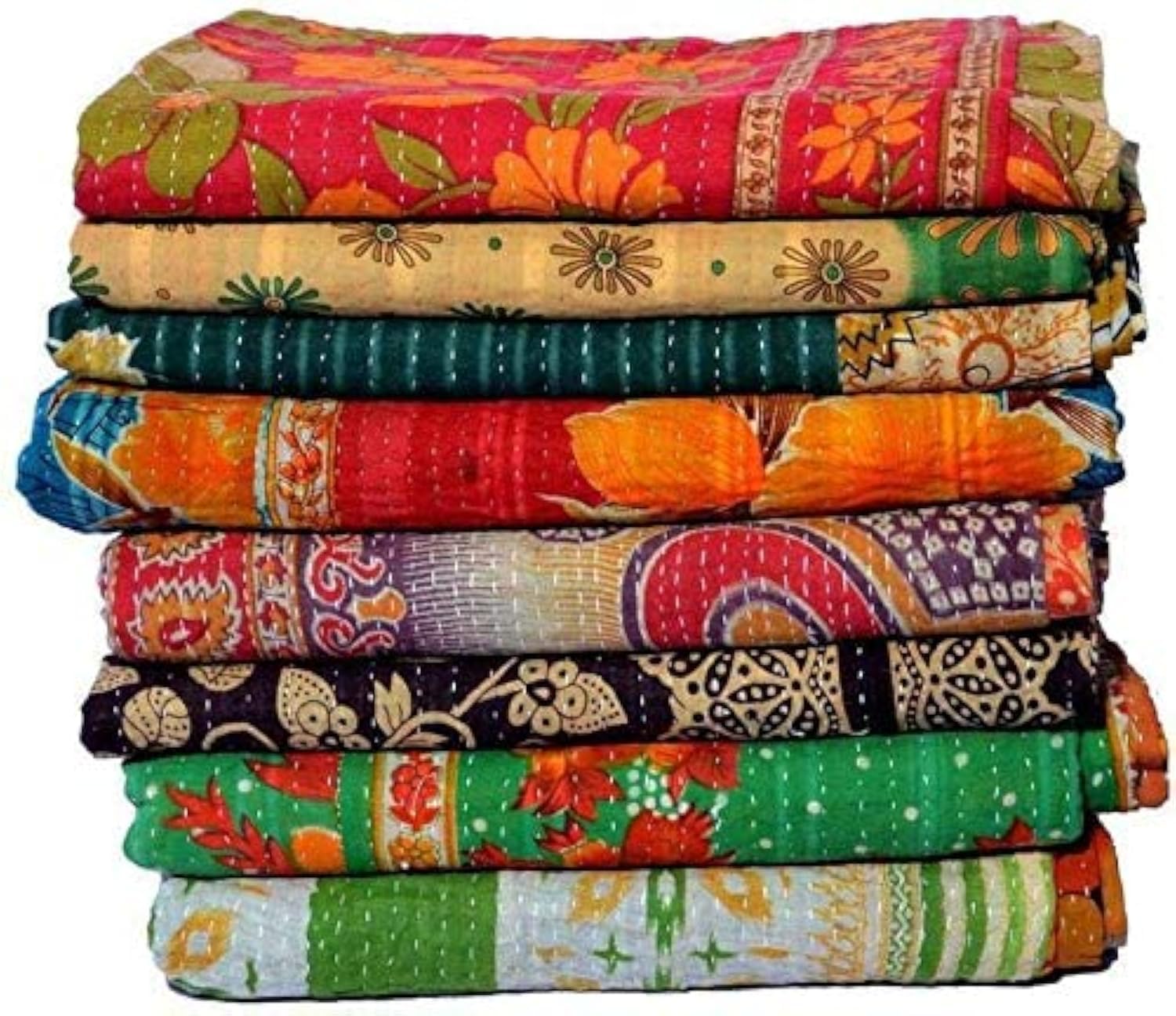 Copriletto Indiano Kantha Fatto A Mano | Reversibile In Cotone Con Stampa Floreale | Stile Bohémien Per Letto Doppio/Queen (Blocco 01)