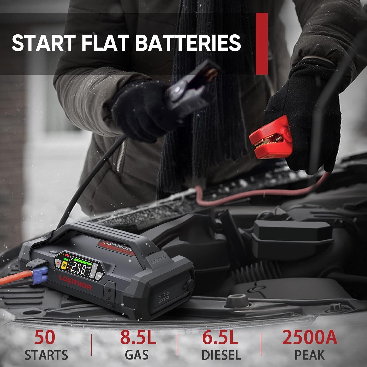 JA302 4in1 Jump Starter with Air Compressor - 2500 Amp Jump Starter, 150 PSI Air Inflator, 76Wh Power Bank QC3.0 18W, 300 Lumen Led Flashlight for Up to 8.5L Gas and 6.5L Diesel Engines