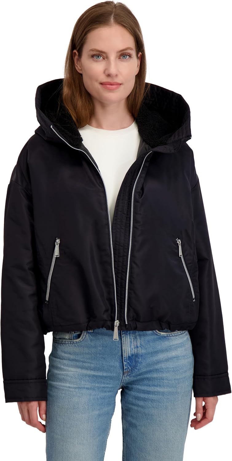Laundry by Shelli Segal Women's Heavyweight Windbreaker Jacket– Sherpa Lined Hood, Drawstring Hem