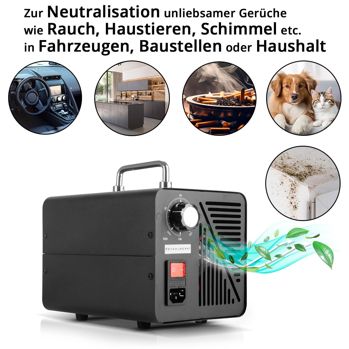 STAHLWERK Ozongenerator OG-40 ST mit 40 g/h, bis 200 qm, Dauerbetrieb- und Timer-Funktion, Ozonisator, Ozongerät, Ozon-Luftreiniger zur Neutralisation von Gerüchen in Auto, Haushalt und Bausanierung