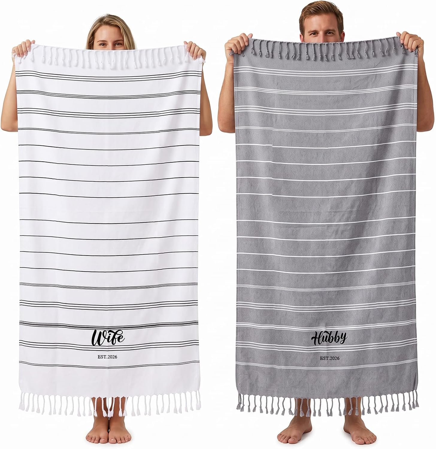 Physkoa 2Pcs Mr and Mrs Beach Towel, Honeymoon Bride and Groom Towel for Beach, Wedding for Newlywed Couple His and Her, Quick Dry Soft Turkish Beach Favors with Tassels, 71x39 Inch (Grey, White)