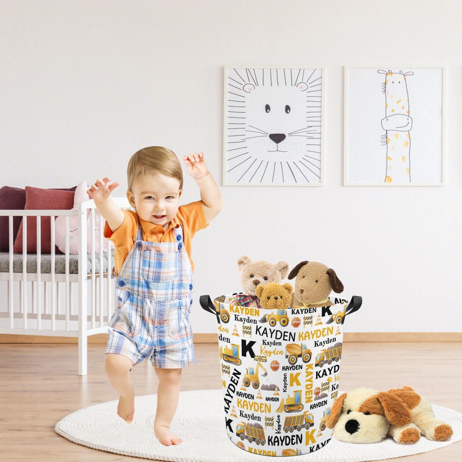 Construction Truck Laundry Basket,Custom Laundry Hamper with Name,Personalized Construction Truck Gifts for Boys Girls,Customize Collapsible Laundry Basket for Bedroom Bathroom,M-19.5"X 15.7"
