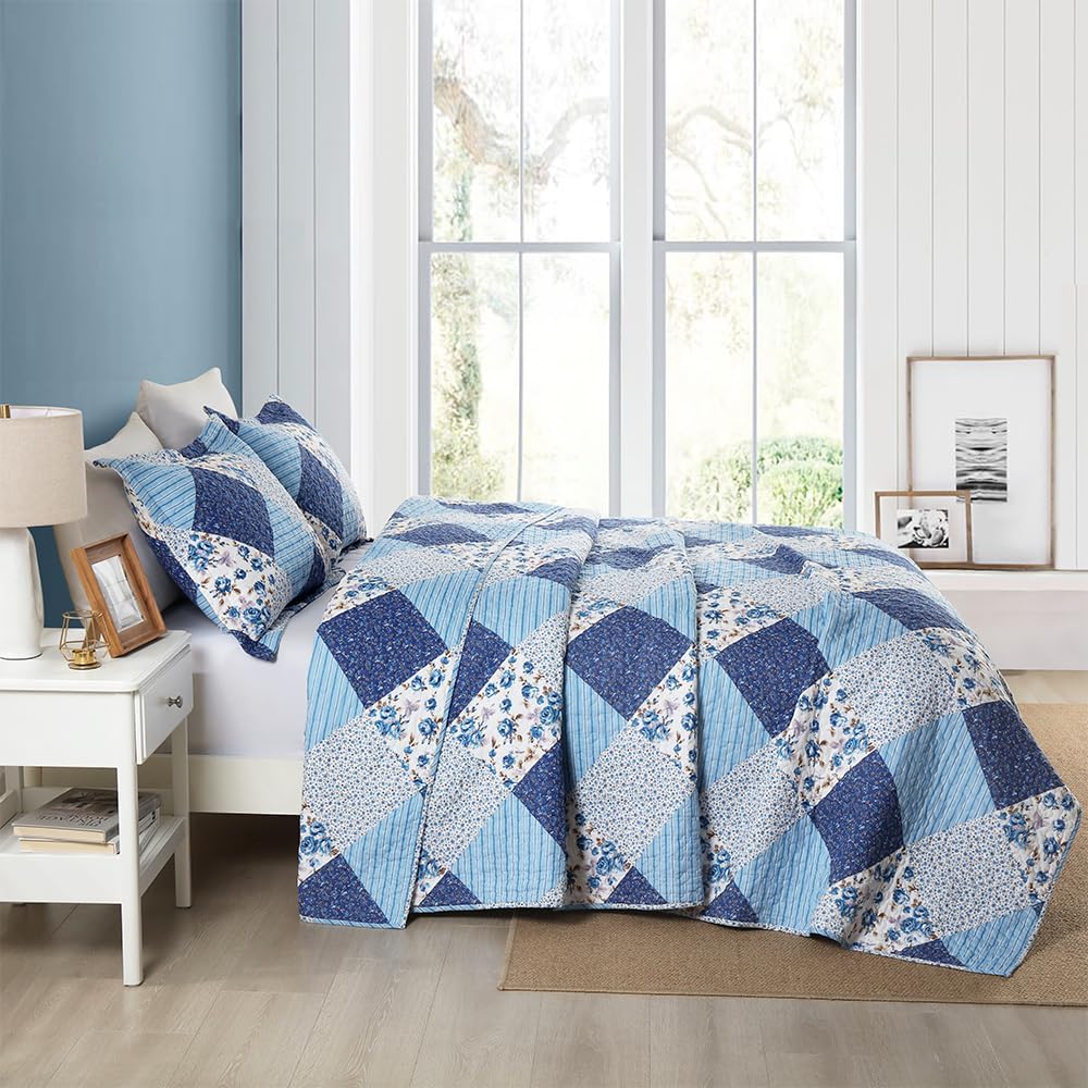 Autumn Dream Cotton Bedspread Quilt Sets Reversible Rustic Coverlet Sets Comforters White Blue Rose Floral Patchwork Pattern Bedding Sets,Queen Size