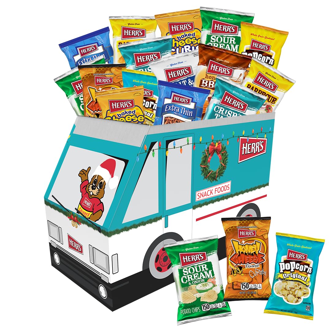 Herr's Variety Snack Holiday Truck Box, Assorted Flavors, 42-Pack - Crisp 'N Tasty, Barbecue, Sour Cream & Onion Potato Chips, Cheese Curls, Pretzels, Popcorn & More