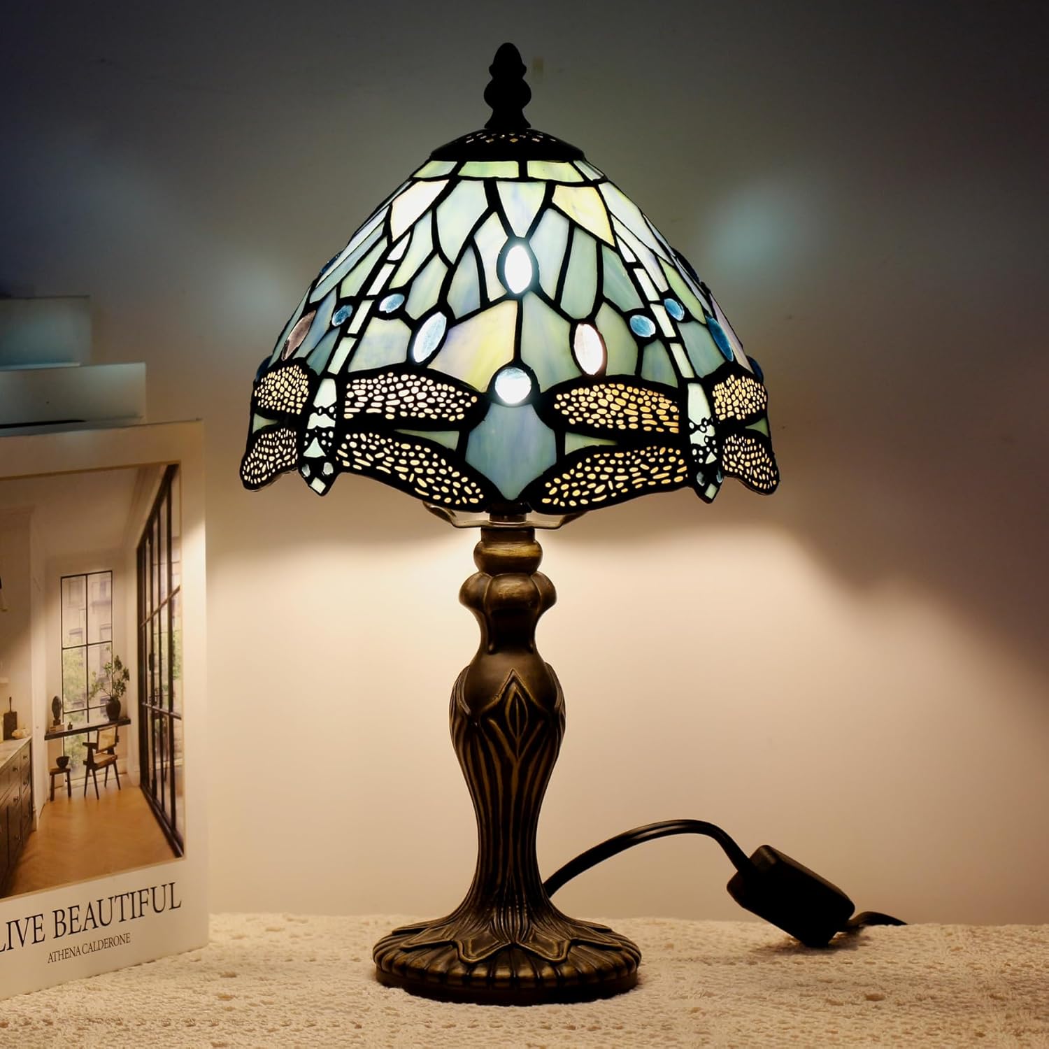Small Tiffany Lamp Stained Glass Table Lamp Mini Desk Accent Light for Bedroom Bedside Reading Home Antique Style Decor 8X15 Inches (Blue Dragonfly)