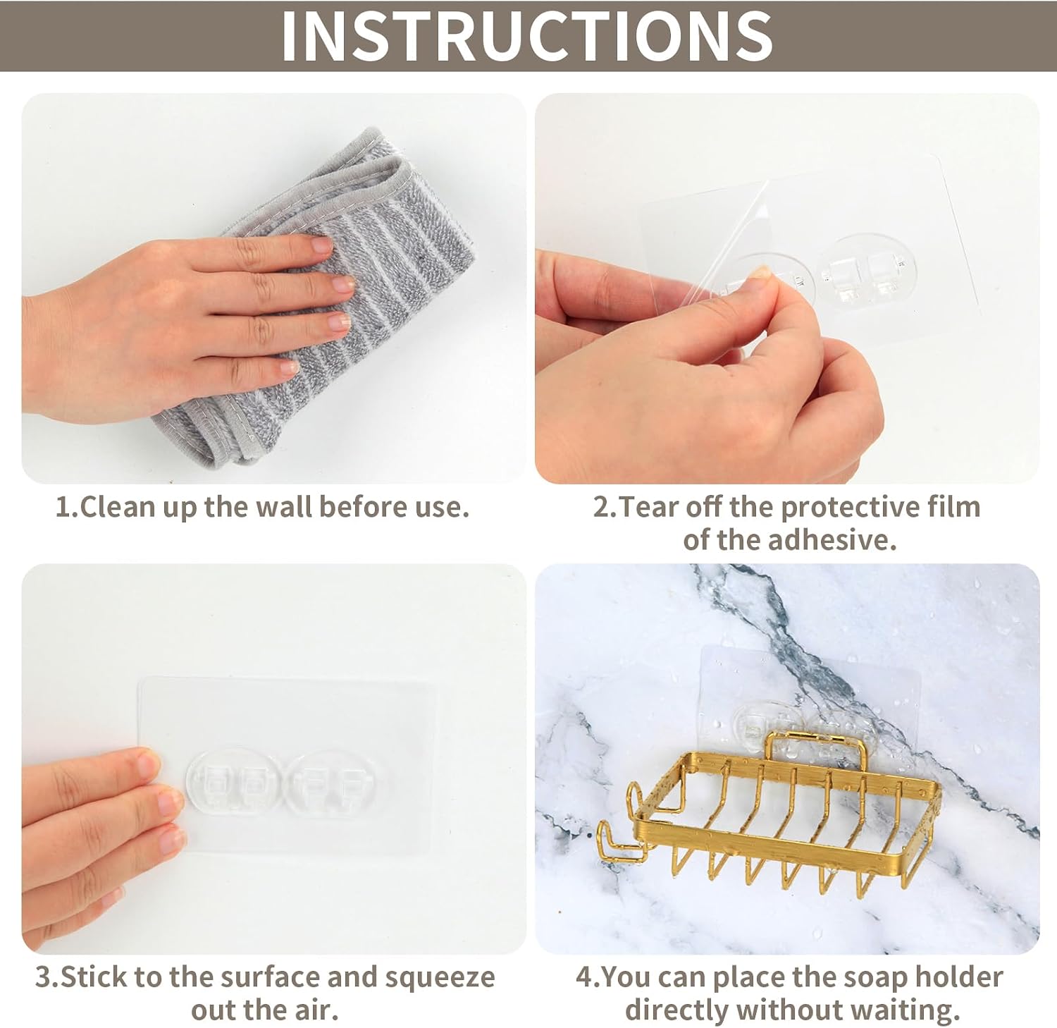 Snailhouse Soap Dish for Shower, Wall Self Draining Adhesive Hanging Stainless Steel Bathroom Bathtub Bar Soap Holder Tray Caddy with 2 Hooks, Gold