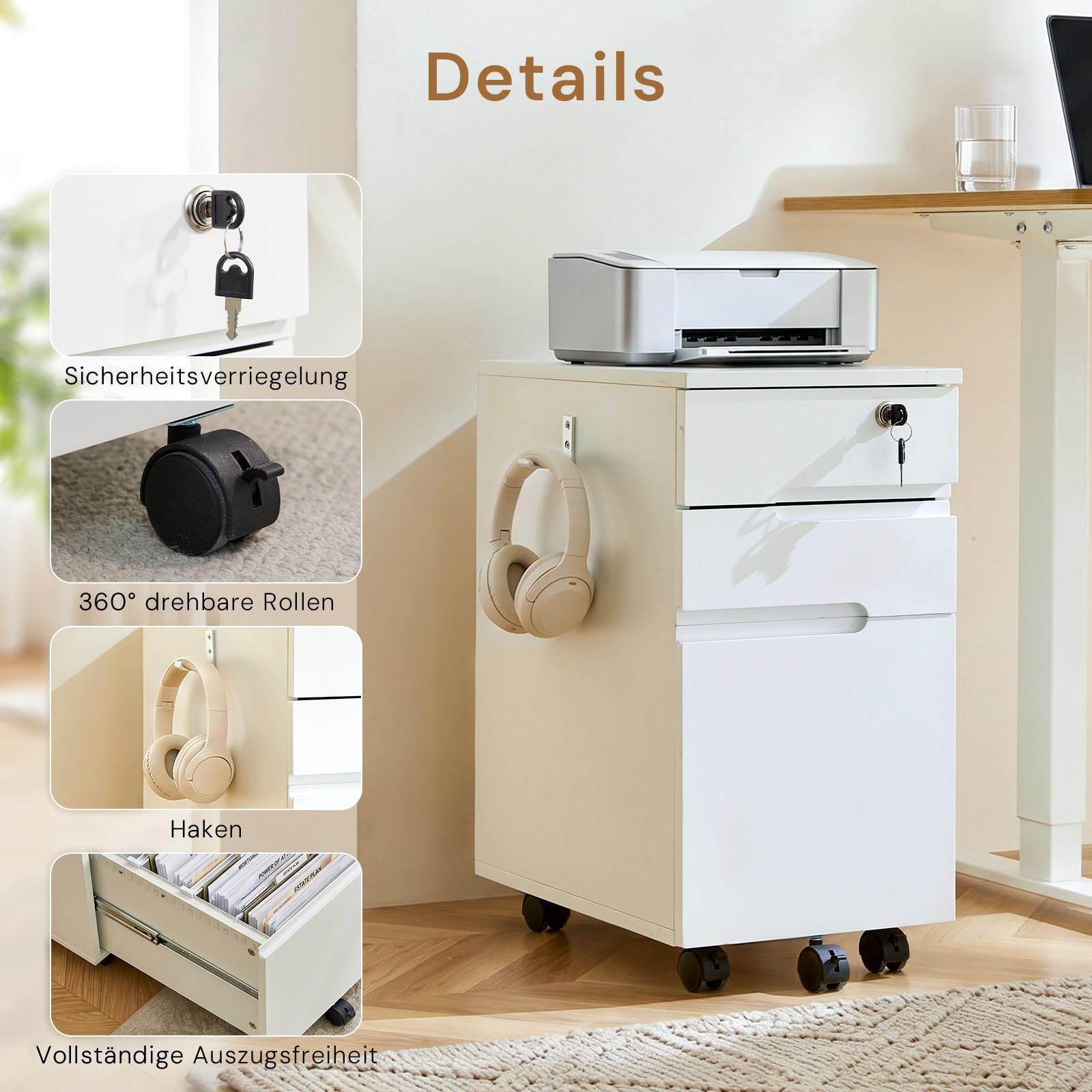 CLIPOP Caisson Mobile verrouillable, Meuble de classement sur roulettes (5 roulettes) avec 3 tiroirs, pour dossiers Suspendus A4/Letter, Meuble sous Bureau pour Bureau et télétravail, Blanc
