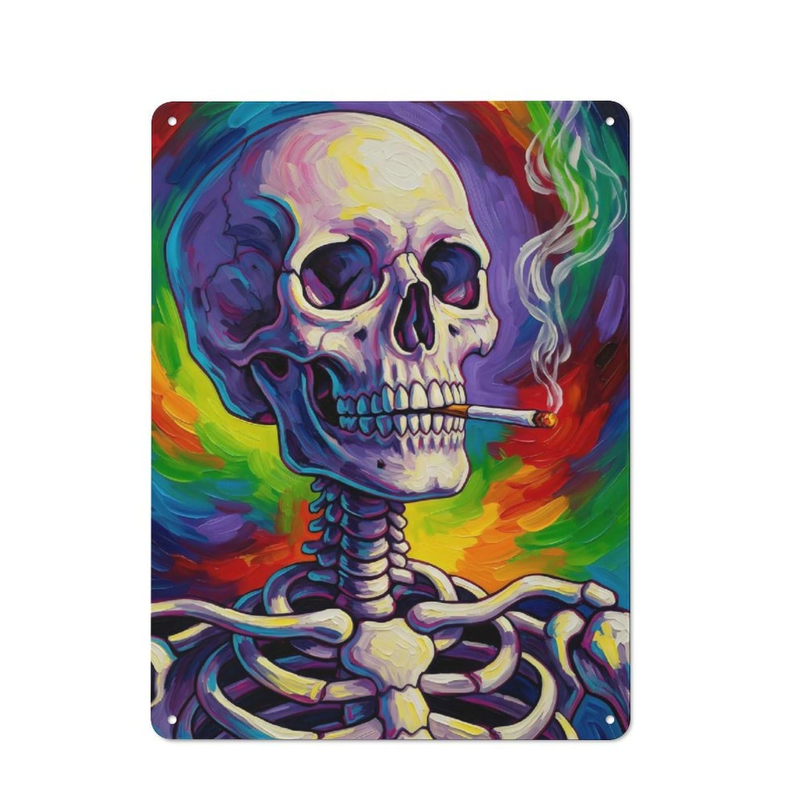Junmoney Colorful Smoking Skull Painting Vintage Retro Metal Sign 40X30cm Featuring Garage Wall Decor For Garage, Workshop, Shed Or Utility Room