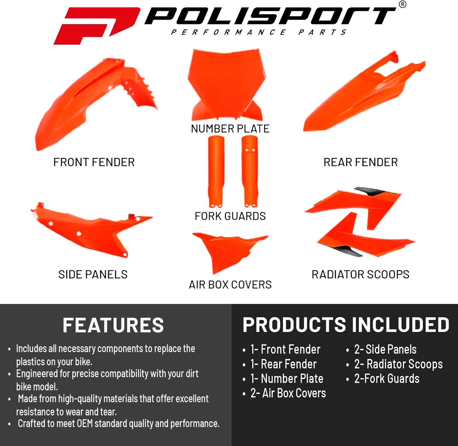 Polisport Motocross (MX) Replica Plastic Kit for KTM SX/SX-F & XC/XC-F (2023–2024) Dirt Bike – OEM Quality, Durable, Flexible & Perfect Fit – Orange