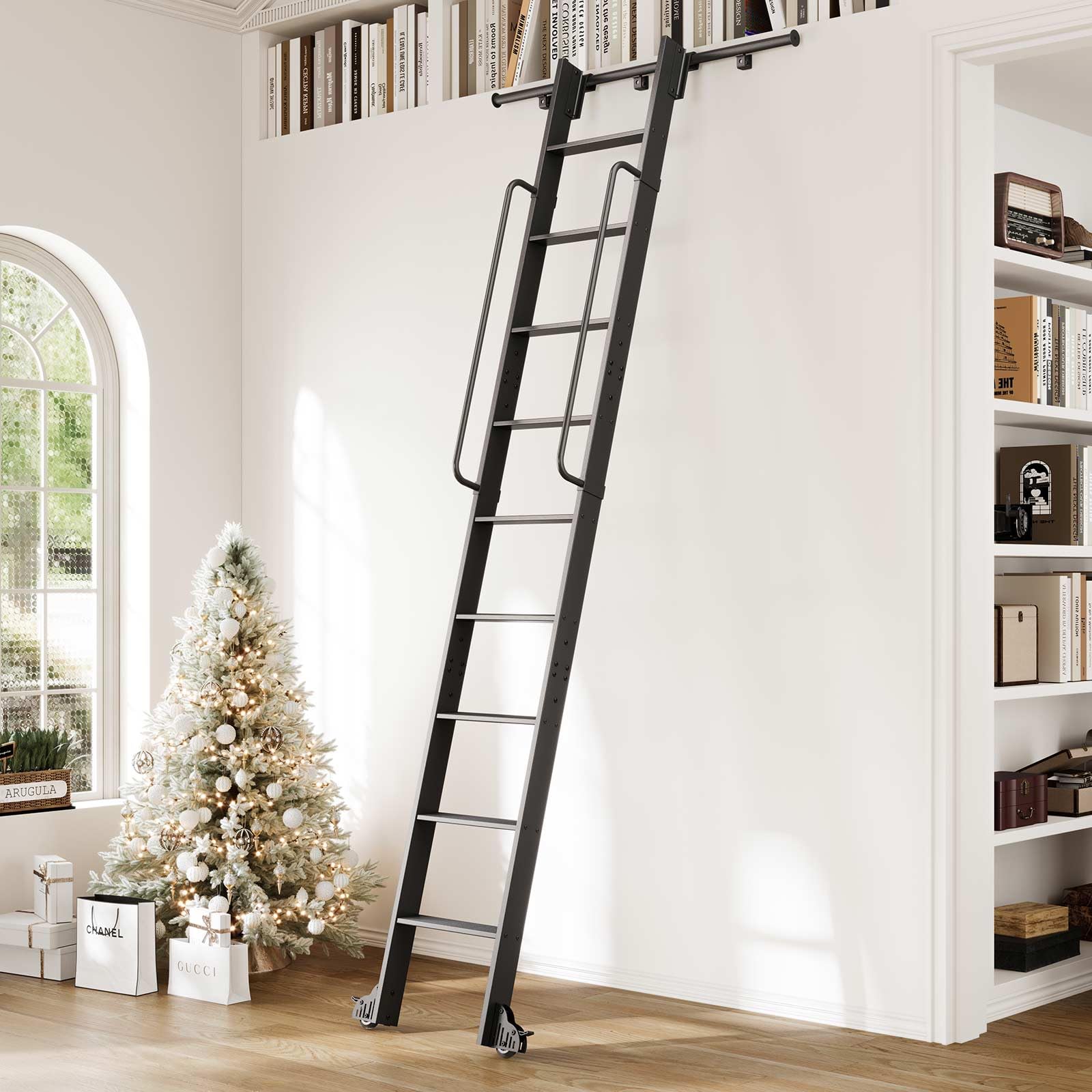 Photo 1 of ***MISSING HARDWARE*** CEAKIAN 10FT Aluminum Rolling Library Ladder with 4FT Sliding Hardware Kit,Telescopic Hook Track with Brake Wheel,9 Steps with Handrail,450lbs Capacity,Black,Easy Assembly,for Loft Bookcase Attic Home