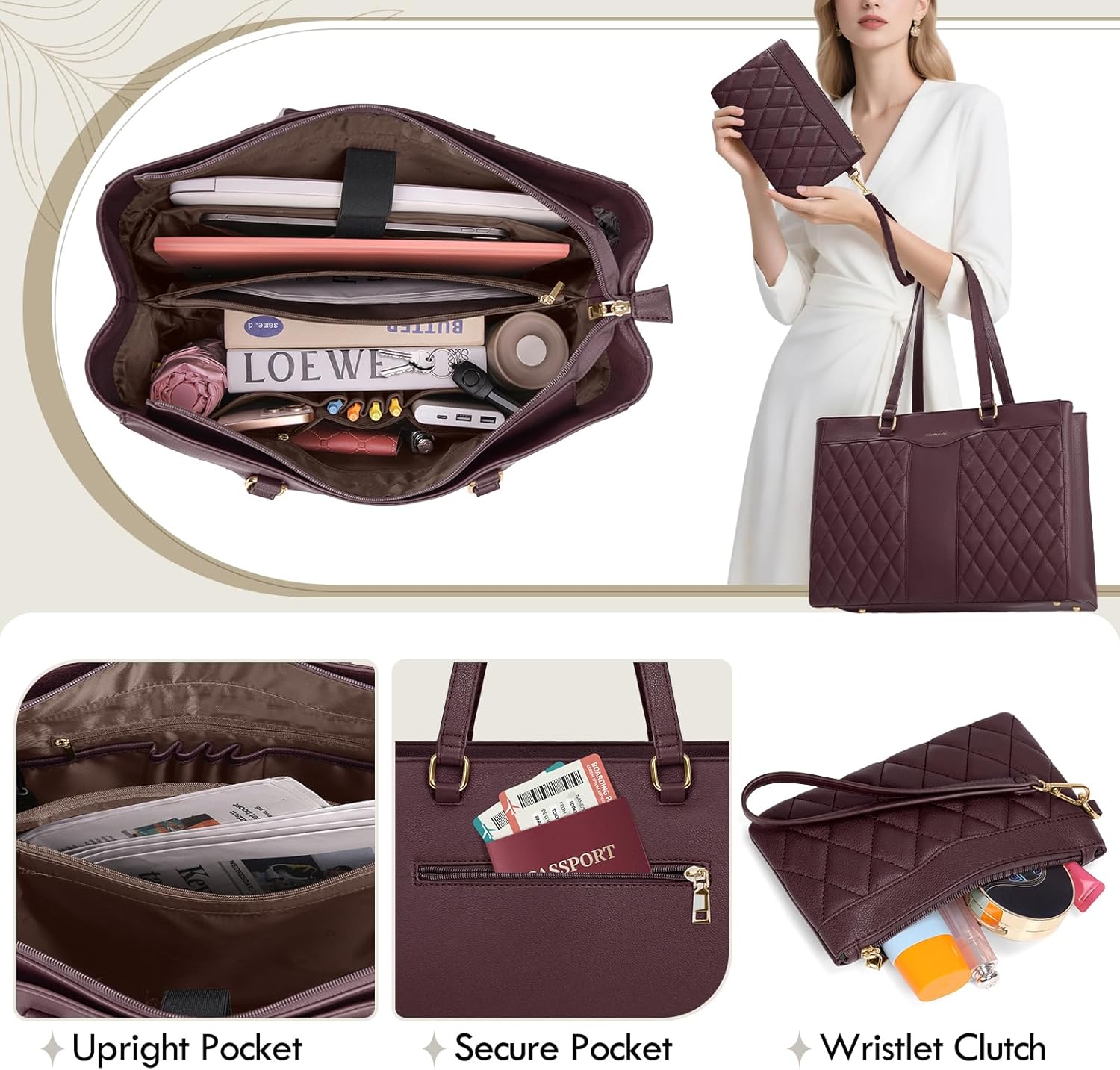 RAINSMORE Laptop Bag for Women 15.6 Inch Work Tote Bags Leather Laptop Tote Professional Laptop Purse Computer Handbag Womens Briefcase Tote with Clutch for Teacher Office Travel, Dark Purple - Image 4