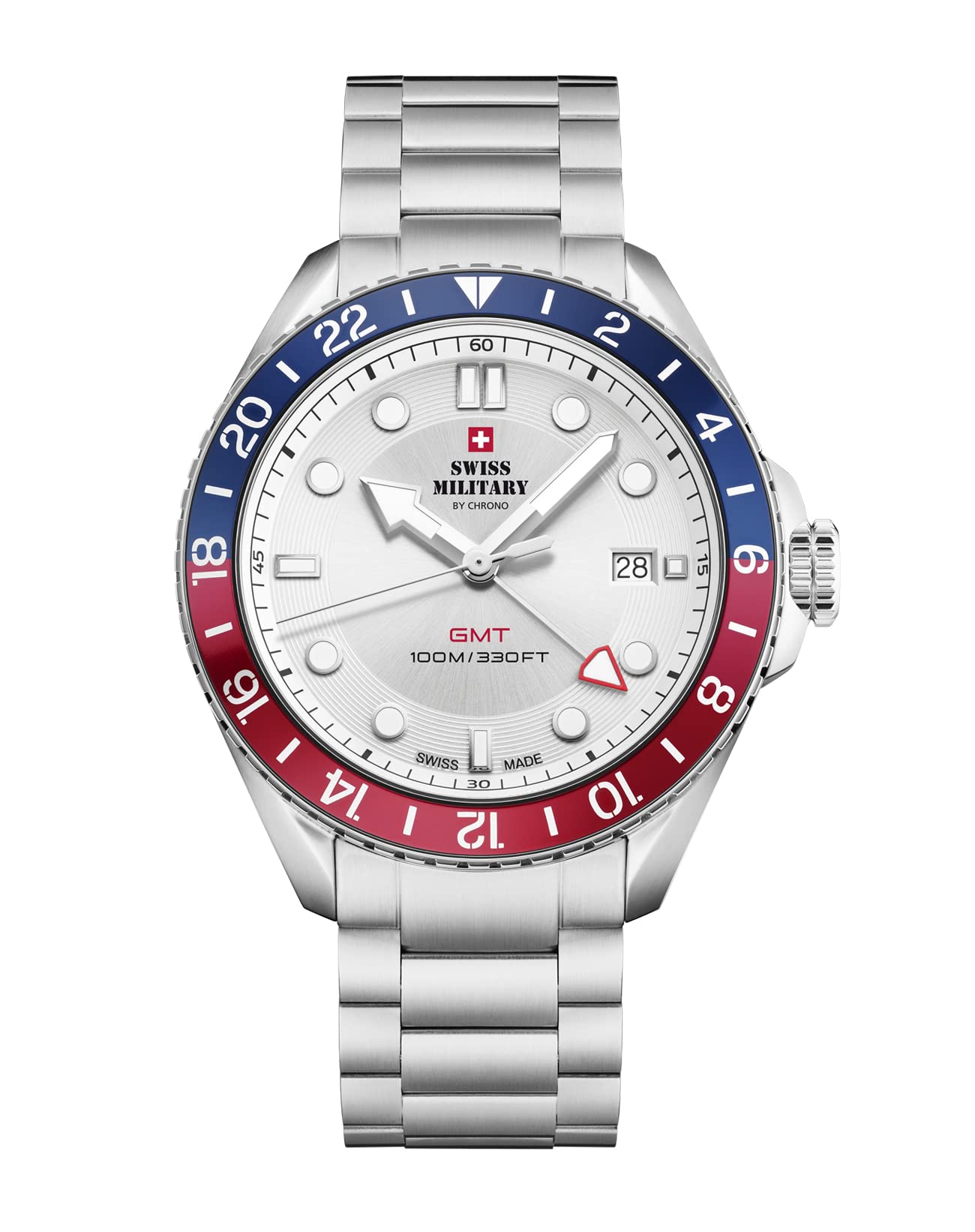 Swiss Military by Chrono Męski zegarek GMT na rękę Mechanizm kwarcowy z funkcją GMT z metalową bransoletką ze stali nierdzewnej analogowy zegarek męski srebrny SM34095.02