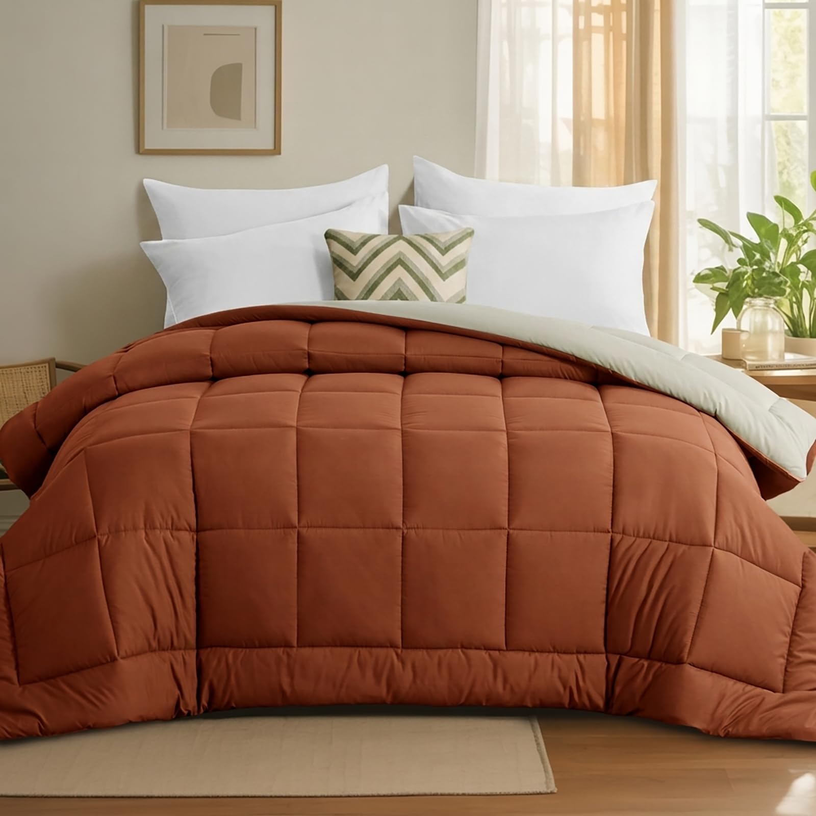 Tifschlaf Coverless Duvet Single 10.5 Tog - Reversible Bed Duvet for All Seasons, Luxury Lightweight Quilt Washable Comforter Only 135x200cm Burnt Orange/Beige
