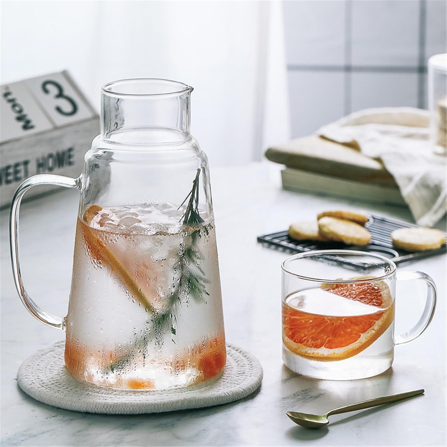 Clear Bedside Water Carafe and Glass Set, Bedroom Nightstand Glass Pitcher with Handle, Borosilicate Mouthwash Dispenser 1300ml Drinking