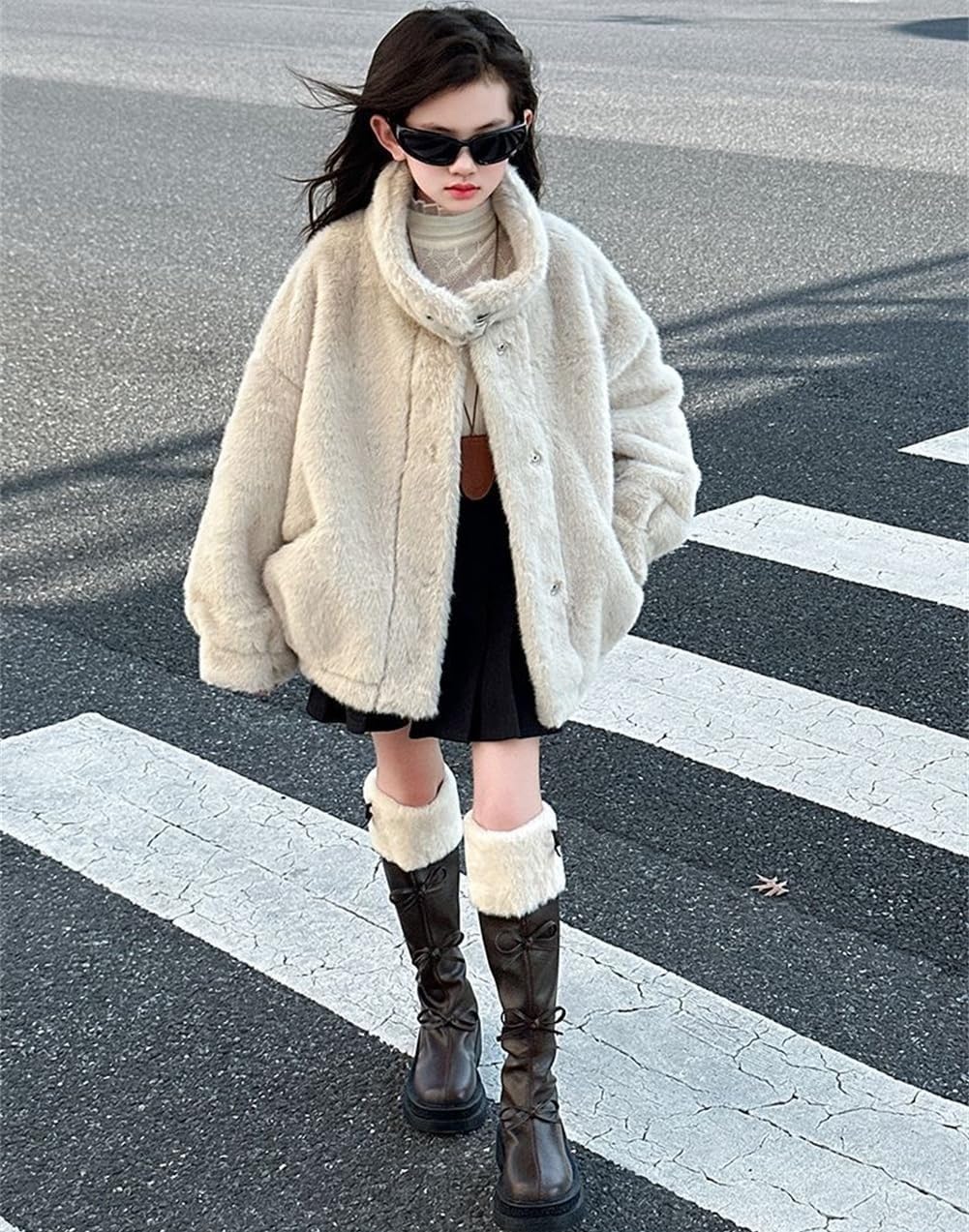[Yhsuoxfd] ファーコート キッズ 女の子 ボアジャケット 無地 厚手 暖かい 立ち襟 防寒 ボアコート ブルゾン もこもこ