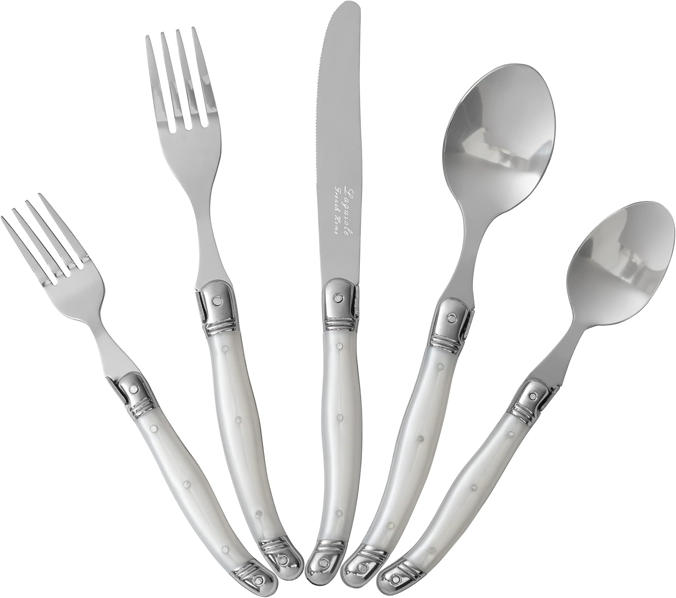Laguiole 20 Piece Flatware Set – Stainless Steel Flatware Set for 4 – Luxurious Pearl White Utensil Set with Knives, Spoons and Forks