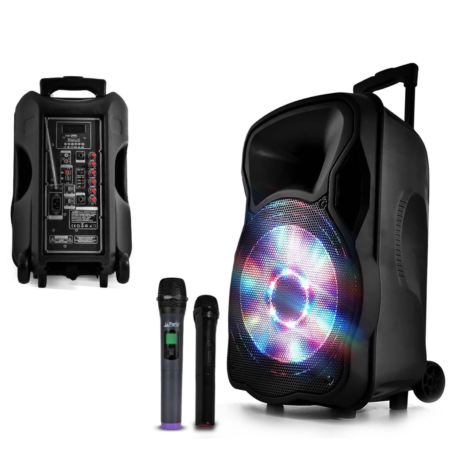 Enceinte Sono Mobile amplifiée 700W 12" LED/USB/BT/SD/FM + 2 micros sans-Fil PARTY12