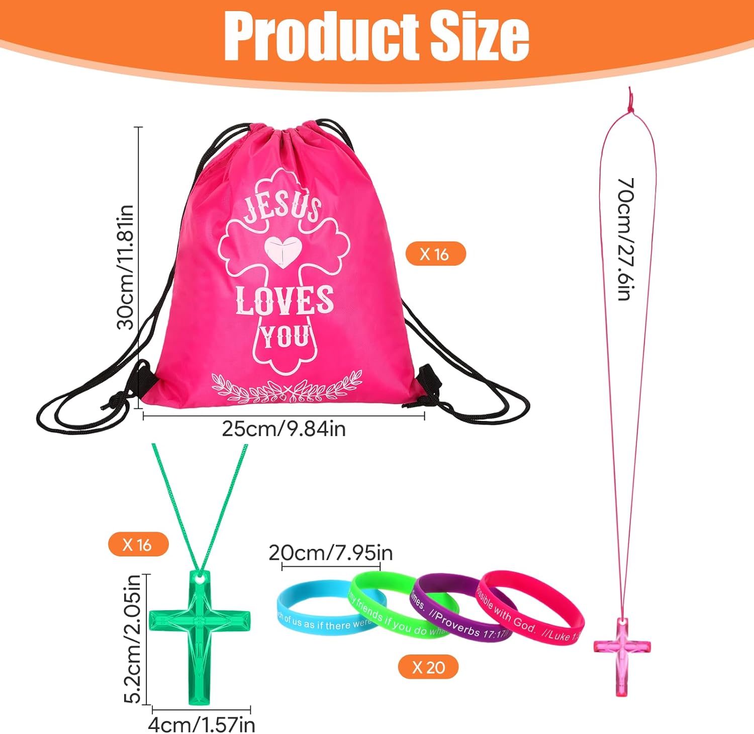 52Pcs Christian Party Favors Bulk, Christian Party Favors With 16 Cross Necklaces 16 Jesus Loves You Drawstring Bags Bulk 20 Bible Verse Bracelets Religious Gifts - Image 2