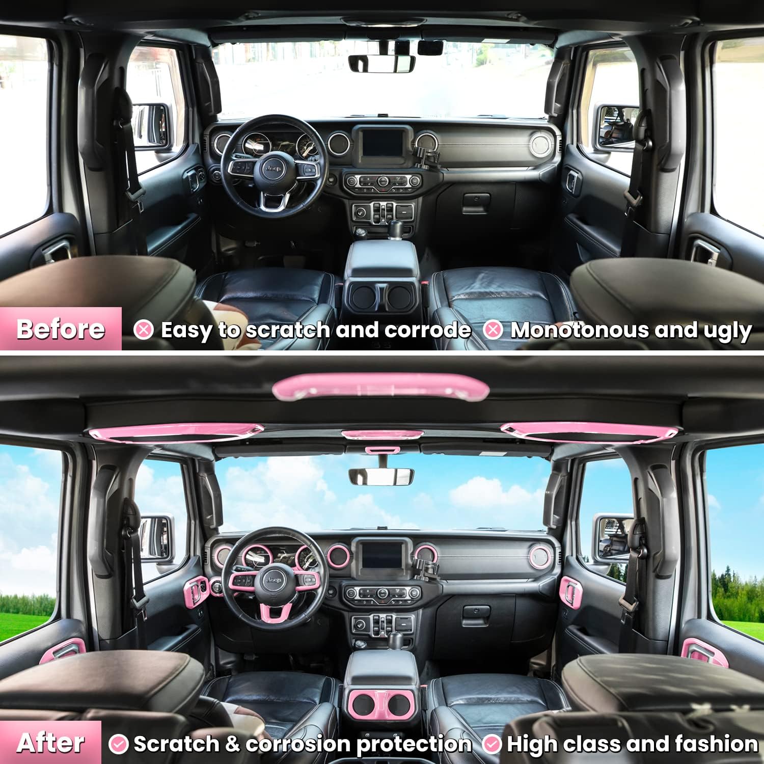 23PCS Full Set Interior Decoration Trim Kit for Jeep Wrangler JL JLU Gladiator JT 2018-2023 Steering Wheel Door Handle Air Conditioning Vent Cup Holder Reading Light Headlight Switch Gear Cover (Pink)