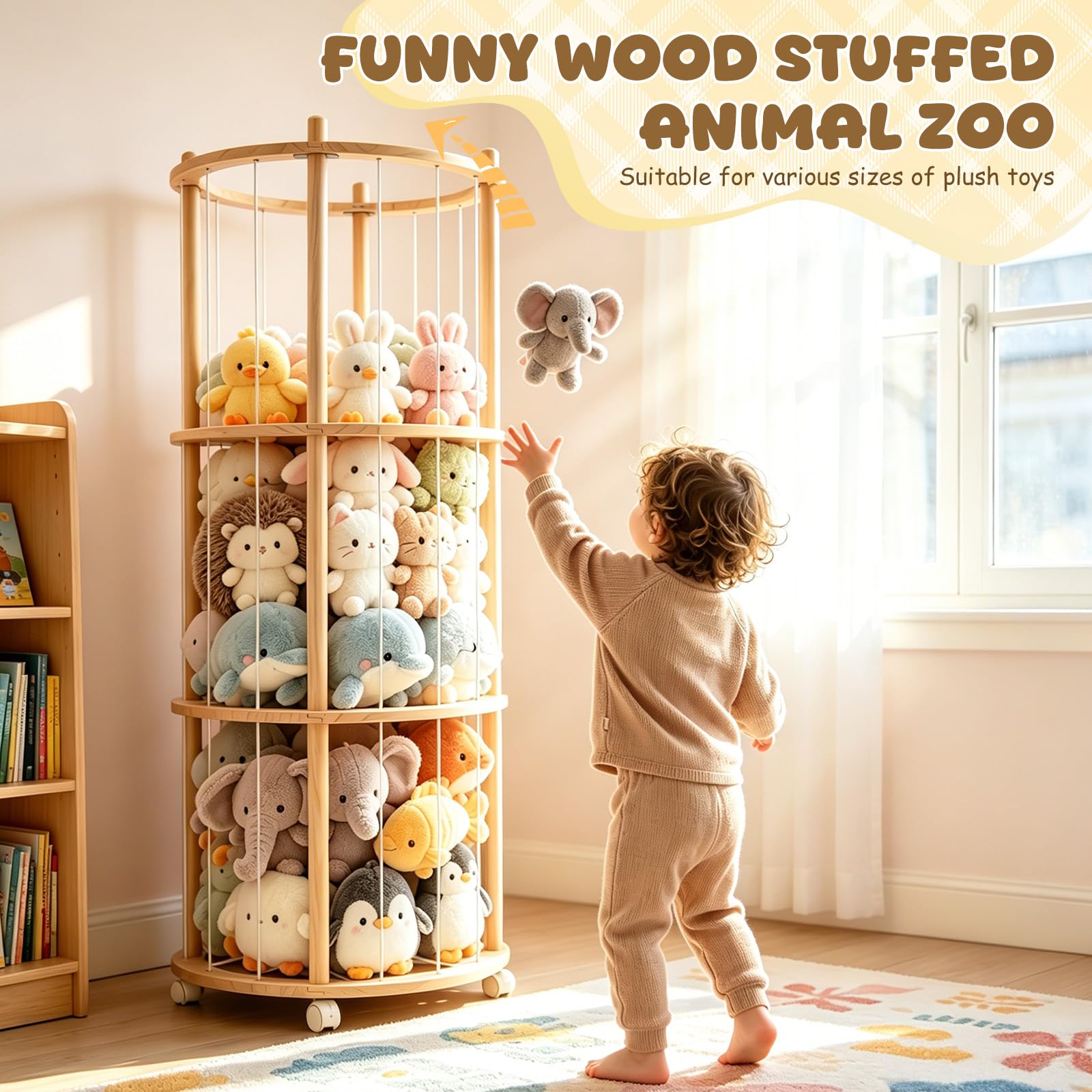 Rangement Peluches En Bois,Range Peluches Avec Roues Équipées De Freins 360° Grande Capacité 137 X 51 X 51 Cm,Rangement Doudou Pour Chambres D'Enfants,Salles De Jeux,Salons