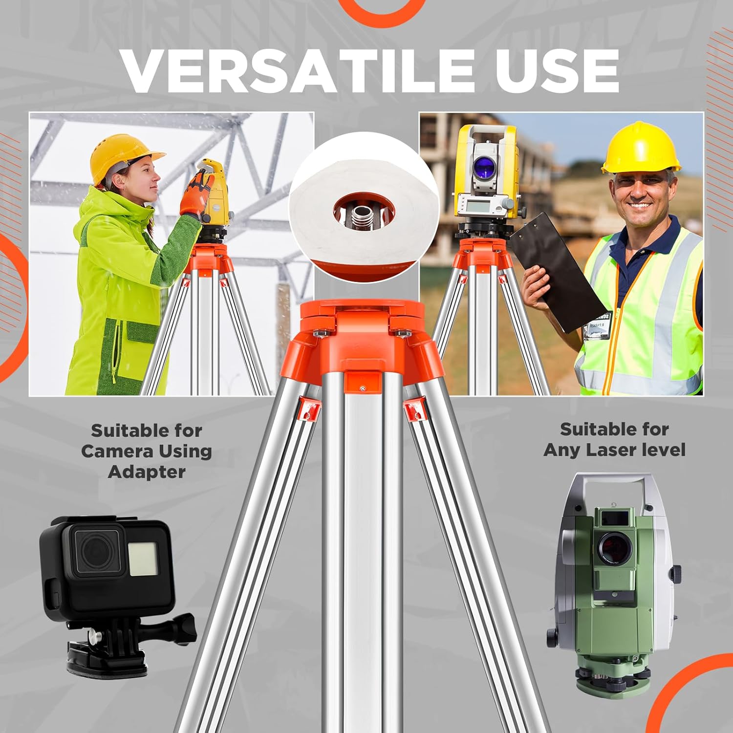 Aluminum Survey Tripod Heavy Duty Construction Laser Level Tripod Stand with 5/8"-11 Thread Flat Head Quick Clamp Transit for Automatic Optical Level, Built in Strap