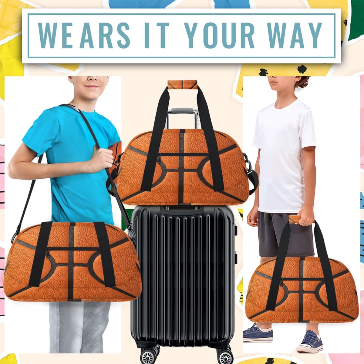 Kids Duffle Bag Girls Boys Basketball Texture Weekender Overnight Bag,Lightweight Duffel Bags for Traveling Gym Sport Dance
