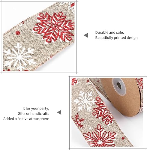 Miniatura 9 de EXCEART 1 rollo de cinta de Navidad con patrón de copo de nieve, cinta de envoltura de regalo, lazo para el pelo, cinta de decoración de árbol de