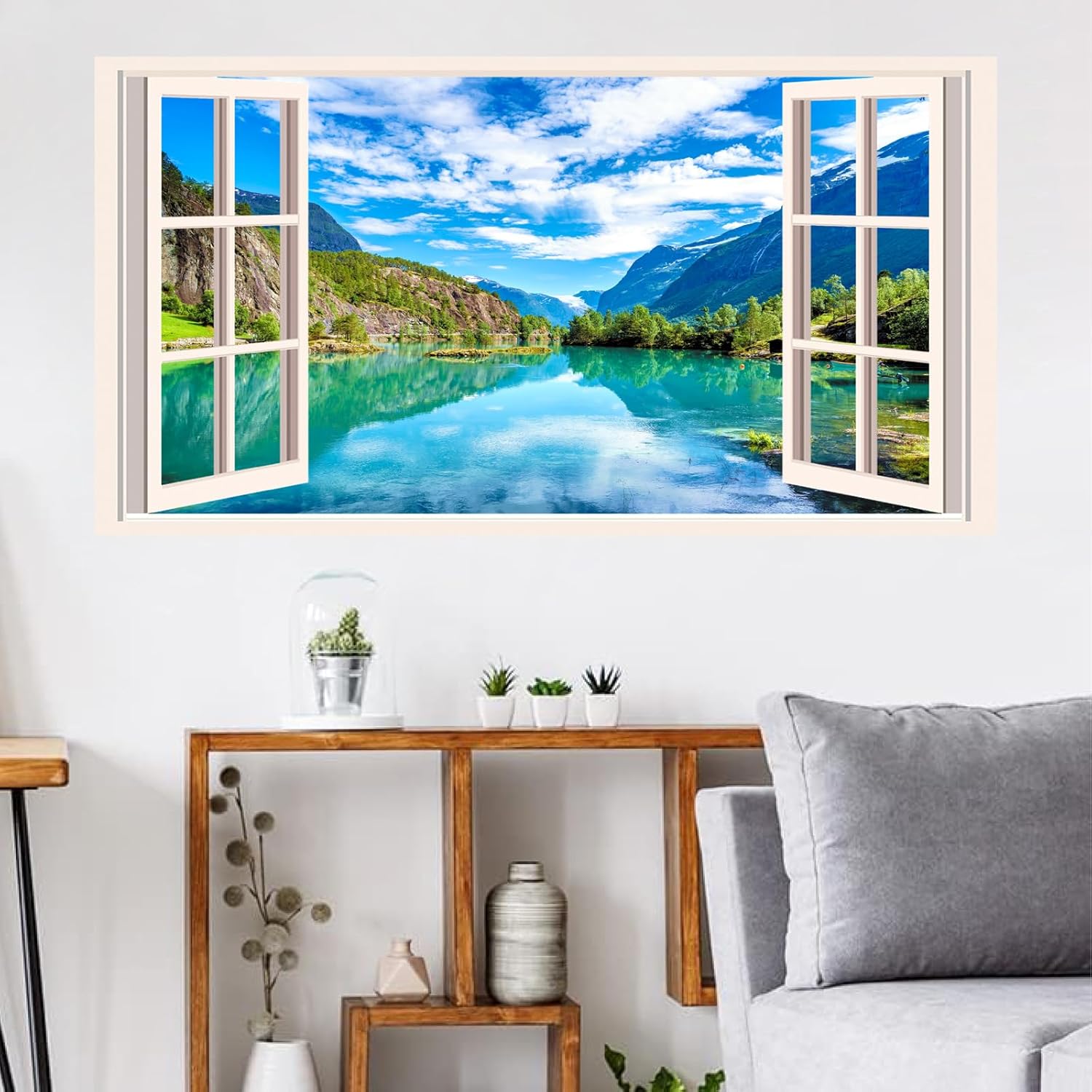 Kazova Faux Window Wall Decal 15.7x29.5 Inch Removable Peel and Stick Forest Lake Mountain Landscape Sticker for Windowless Rooms Bedroom Bathroom Decor