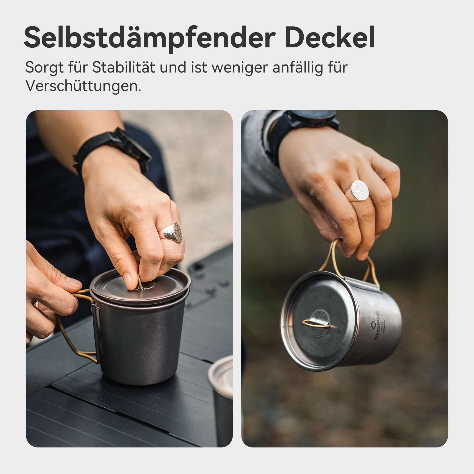 Thous Winds Titan Outdoor Tasse 350ml, Titan Camping Becher mit Deckel & Klappgriffen – Tragbare Becher Leichter Kaffeebecher für Camping, Wandern, Trekking, Kochen, Picknick