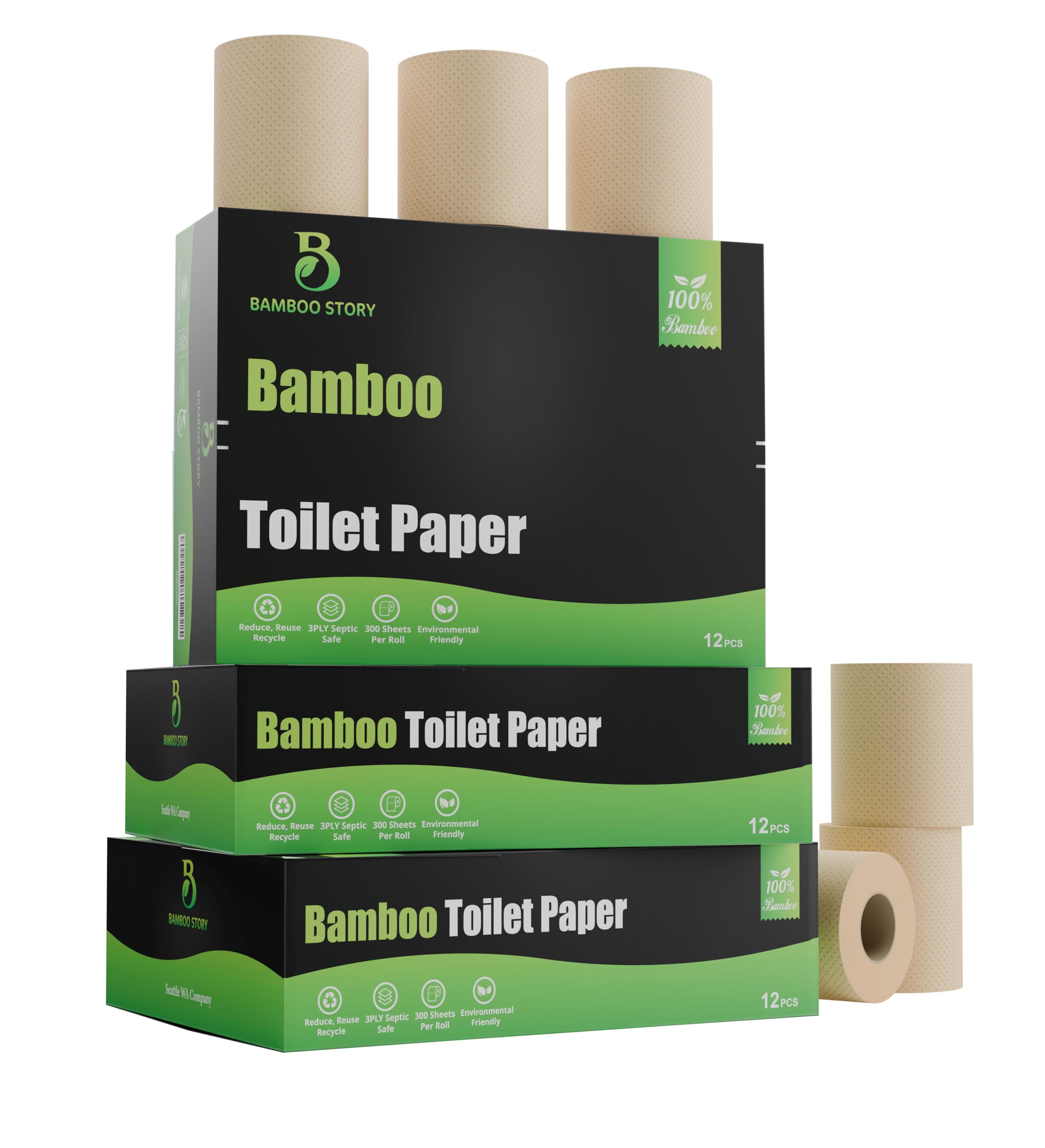 Eco Toilet Paper, 12 Rolls, 3-Ply, 300 Sheets, 100% Unbleached Bamboo, Chemical-Free, PFAS-Free, Vegan, Plastic-Free, Plant-Based Tissue, FSC Certified, Gentle, Strong & Sustainable